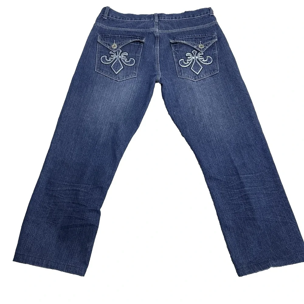 Mens‎ 36x26 Straight Leg Jeans Dark Wash Streetwear Embroidered Crest Cotton